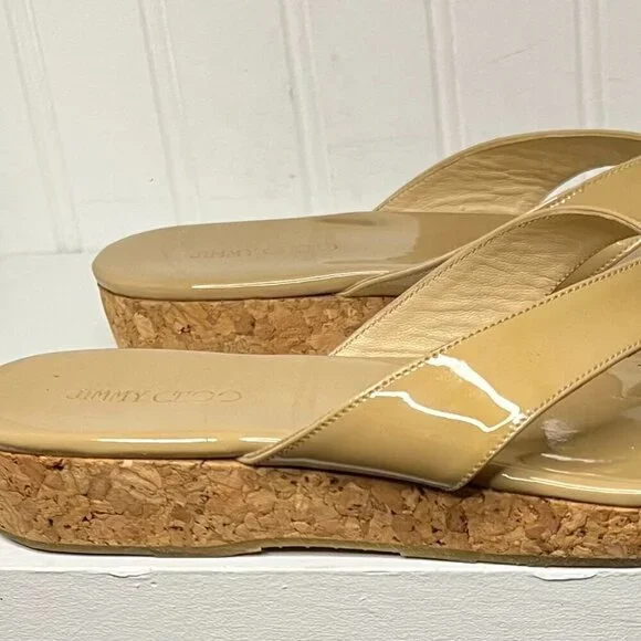 Jimmy Choo Beige Patent Cork Wedge Flip Flops - Picture 5 of 6